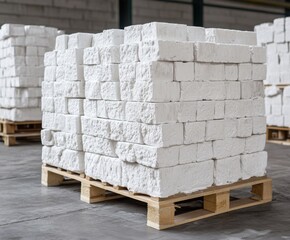 Obraz premium White building blocks arranged on pallets in a warehouse for construction projects