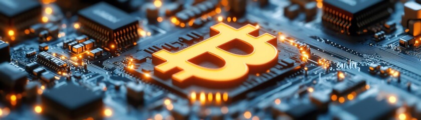 Glowing orange Bitcoin symbol on a circuit board, closeup