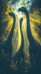 Three Large Dinosaurs Standing in a Sunlit Forest Clearing Surrounded by Lush Foliage