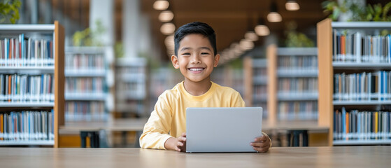 smiling boy using tablet in library, surrounded by bookshelves