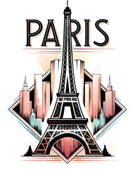 A stylish mid-century modern travel poster for Paris featuring the Eiffel Tower, with a playful "T" for "Travel" incorporated into the design.