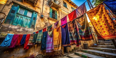 Obraz premium Vibrant Hand-Dyed Fabric Drying in Urban Setting: Stock Photo