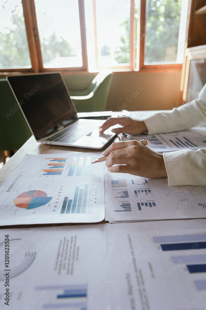 Sticker Professional analyzing business charts on laptop in modern office, focusing on planning and strategy, working on investments, growth and marketing alongside technology and documentation.