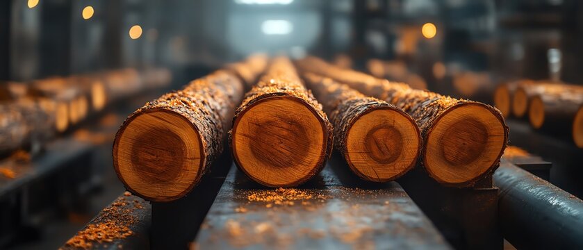 Logs moving along an assembly line in a sawmill, industrial background