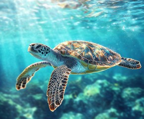 Obraz premium Colorful sea turtle gliding gracefully through clear ocean waters in vibrant underwater setting during daylight hours