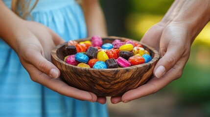Child and adult hands holding bowl of colorful candies.