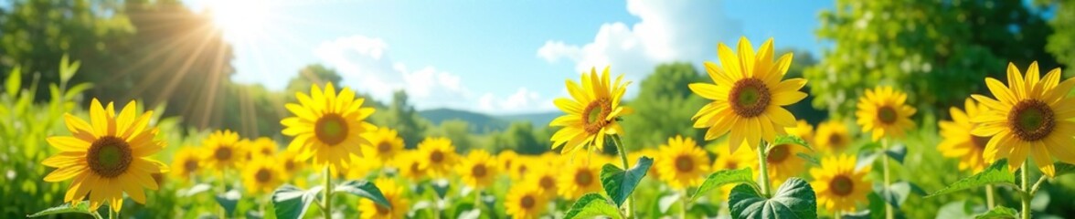 Bright yellow sunflower blooms in a white garden landscape with greenery and a blue sky, sunlight, nature, flora