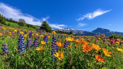Obraz premium Lush Flowering Meadow Embracing Sustainable Biodiversity and Natural Beauty Under Blue Sky