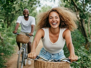 Obraz premium Happy couple cycling in nature, enjoying a healthy lifestyle together