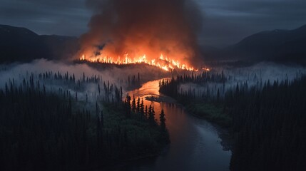 Fototapeta premium Devastating Forest Fire Consuming Lush Landscape