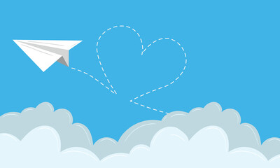 Paper plane flying around the clouds in the sky. Hand drawn vector illustration in flat style. Concept of delivery, back to school, vacation time, dash line heart track. Vector art, web banner