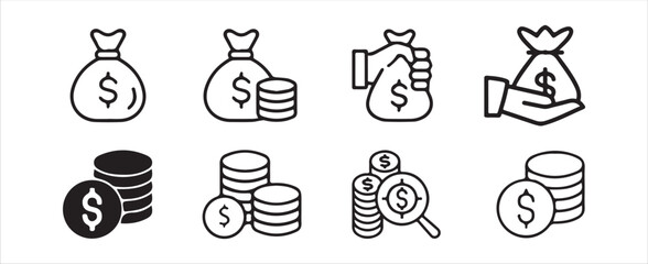  Finance business icon.Set of line icon related to income, salary, money, business. Outline icon collection. Vector illustration