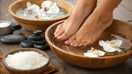 Spa pedicure, feet soaking in wooden bowl, white orchids, smooth skin, relaxation, glass bowls with...