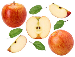 Close-up, red apple (Envy Apple), half, slice and leaves isolated, fresh red apple, transparent PNG, PNG format, collection, set