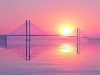 Obraz premium Calm sunset over a long cable-stayed bridge reflecting in still water.