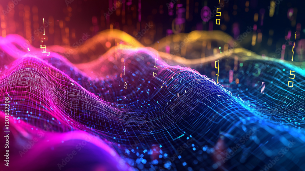 Fototapete a highly detailed rendering of quantum fields, visualized as rippling grids of energy waves in vibra