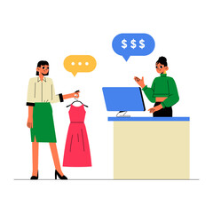 Female Shopper Holding A Dress Talking To Cashier At Counter In Flat Vector Illustration Symbolizing Shopping, Customer Service, And Retail, Isolated On White Background.