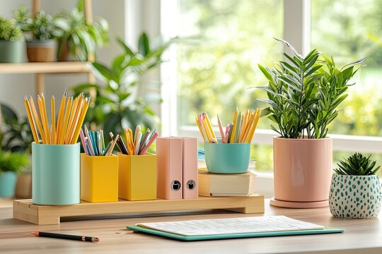Creative desk organization featuring colorful office supplies and productivity tips for colleagues