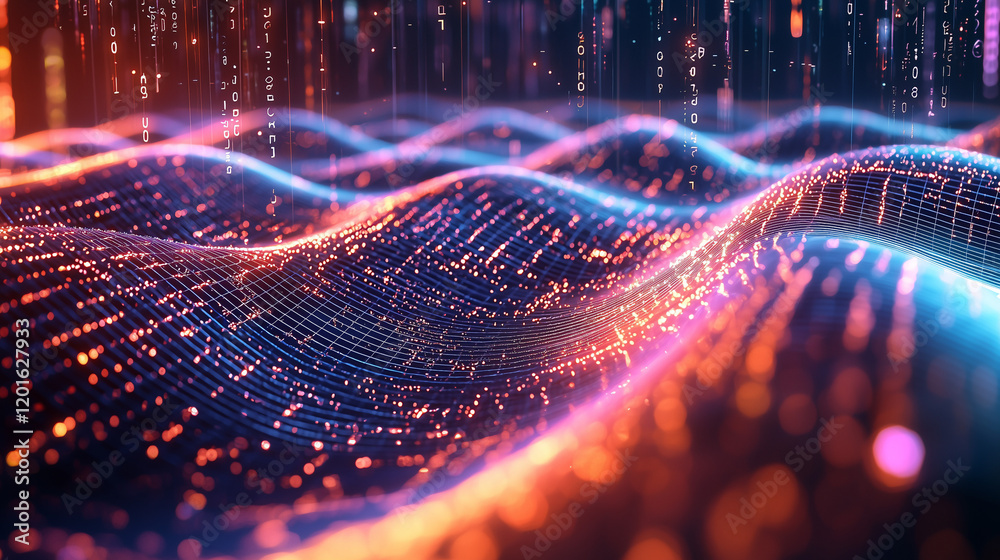Fototapete a highly detailed rendering of quantum fields, visualized as rippling grids of energy waves in vibra