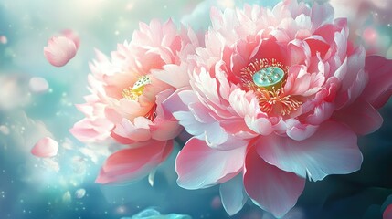 A vibrant arrangement of two large, stylized flowers in soft pastel colors.