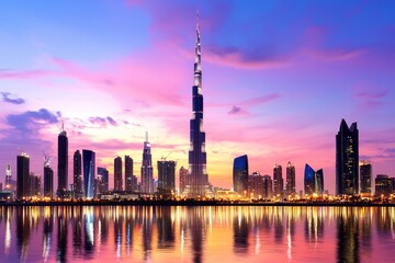 Obraz premium Dusk cityscape featuring a silhouette of famous skyscrapers with soft pink and purple skies