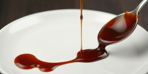 Chocolate syrup drips slowly from a spoon onto a clean white plate showcasing the flow and movement of the liquid, slow motion, liquid, chocolate syrup