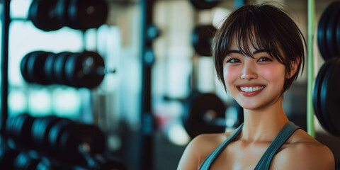 Fototapeta premium gym, smile, portrait, Beautiful Japanese girl with short hair, wearing a tank top, an Instagram model. gym background