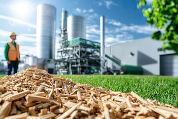 Biodegradable products next to a biomass energy setup, highlighting sustainability and reduced carbon impact