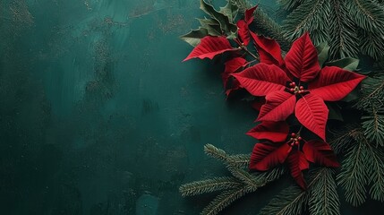 A festive arrangement featuring a vibrant red poinsettia flower at the center,