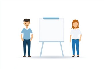 Two cartoon characters stand next to a blank whiteboard, ready for a presentation or discussion in a clean, minimalist setting.