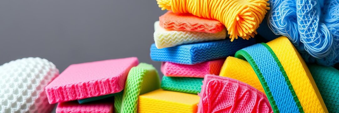 Colorful sponges stacked in a vibrant display perfect for cleaning, bathing, or crafting, useful, multi-purpose, colorful - Powered by Adobe