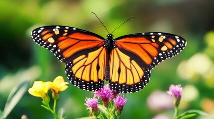 Harmony of Nature: Butterfly Among Vibrant Flowers in Thriving Ecosystem