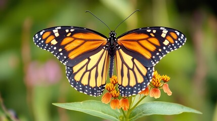 Fototapeta premium Harmony of Nature: Butterfly Flourishing on Vibrant Flower, Symbol of Biodiversity Conservation and Thriving Ecosystem