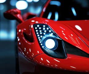 Close-up view of a sleek red sports car highlighting modern design and intricate details at night