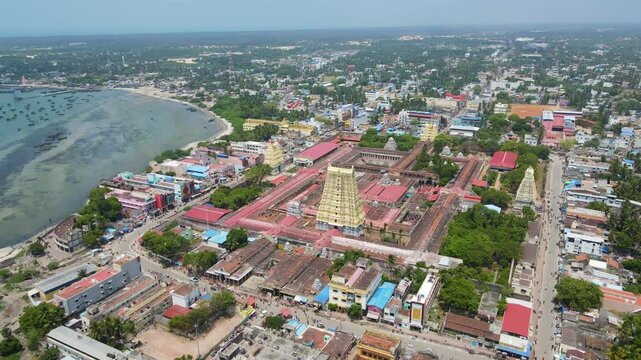 Aerial drone shot of Rameshwaram temple, revealing its intricate details and its location within the city.