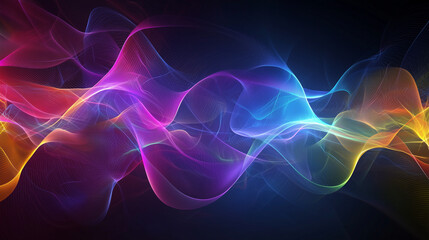 Fototapeta premium A 3D visualization of quantum wavefunctions, represented as colorful, glowing wave patterns in a dark, futuristic setting.