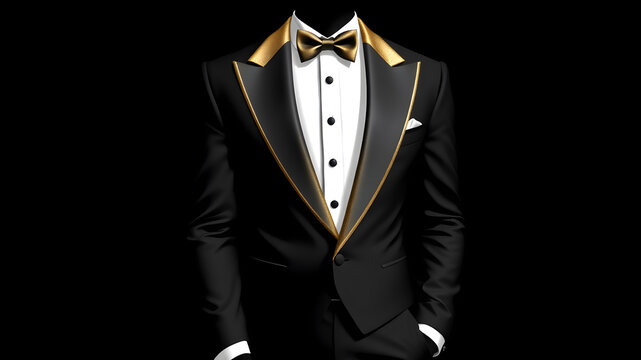 men's black tuxedo in vector format with gold lapels metallic texture. Also add metallic Golden cummerbund that shows through. Generative AI