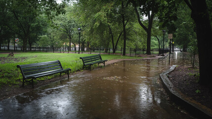 Rainy Park Path with Overflowing Water Surrounding Benches on a Cloudy Day