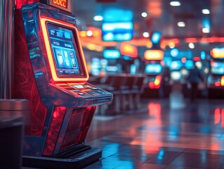Naklejka premium Casino slot machine in brightly lit gaming area.
