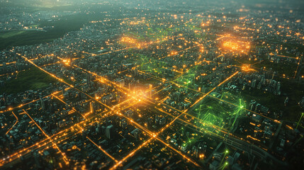 Obraz premium A futuristic city powered by quantum energy, with glowing energy grids and advanced quantum devices integrated into the urban landscape.