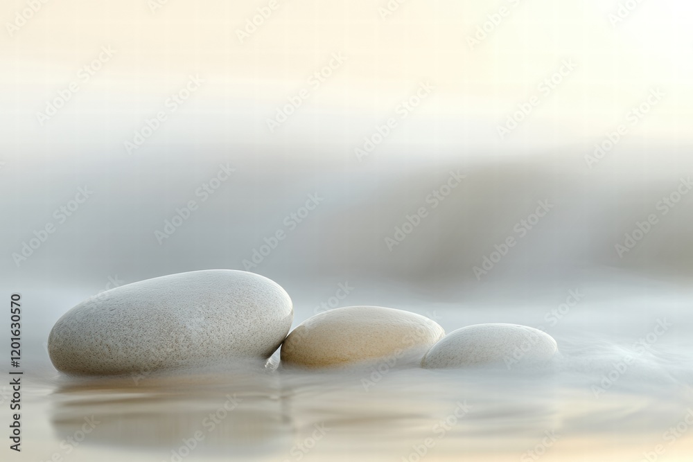 Poster close up view of smooth beach pebbles washed by gentle waves at sunset along the shore. generative a