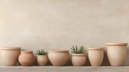 Fototapeta premium Elegant clay pots with green plants serene indoor setting still life photography minimalist design soft lighting