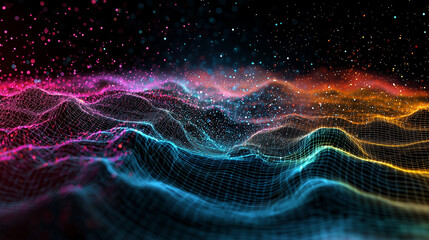 Naklejka premium A 3D diagram of Feynman paths, with colorful particle trajectories displayed in an immersive, dark environment.