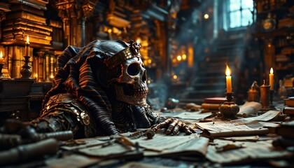 Skeletal Pharaoh in Ancient Library Artwork