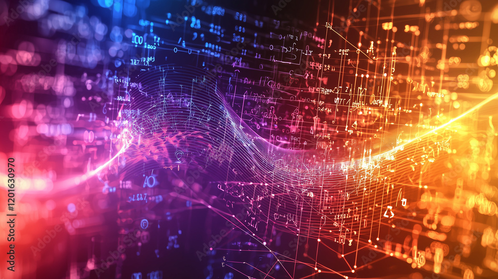 Fototapete a highly detailed rendering of quantum fields, visualized as rippling grids of energy waves in vibra