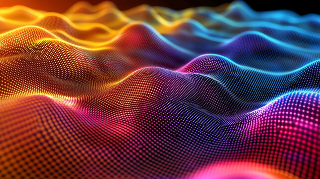 A highly detailed rendering of quantum fields, visualized as rippling grids of energy waves in vibrant colors, surrounded by abstract mathematical symbols.