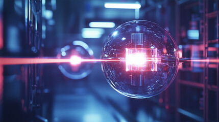 A quantum teleportation experiment setup with glowing quantum nodes linked by a shimmering energy beam, set in a dimly lit laboratory.