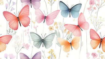 Obraz premium Pastel butterflies wildflowers spring floral nature design, website background