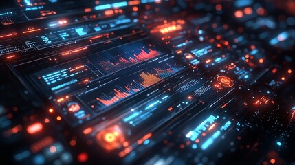 Futuristic digital interface displays data.