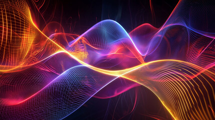 Fototapeta premium A 3D visualization of quantum wavefunctions, represented as colorful, glowing wave patterns in a dark, futuristic setting.